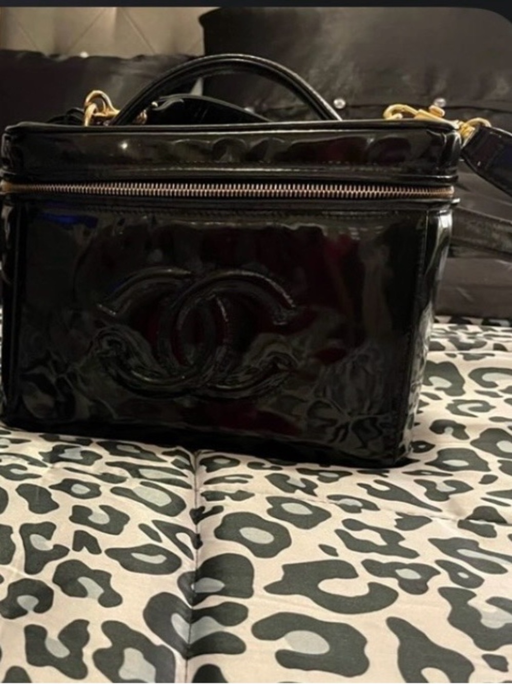Authentic CHANEL Black Patent Leather Vanity Case with Interlocking CC